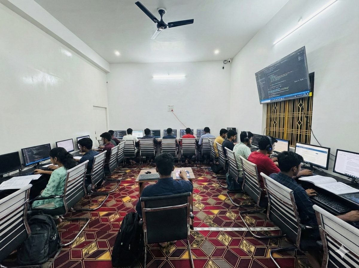 DCA class at Cyber Gyaan — students learning on individual computers