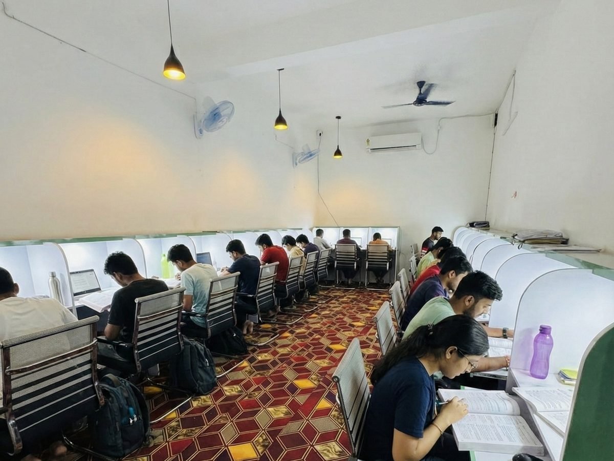 Students studying in 60-seat AC library at Cyber Gyaan Smart Academy Chandauli