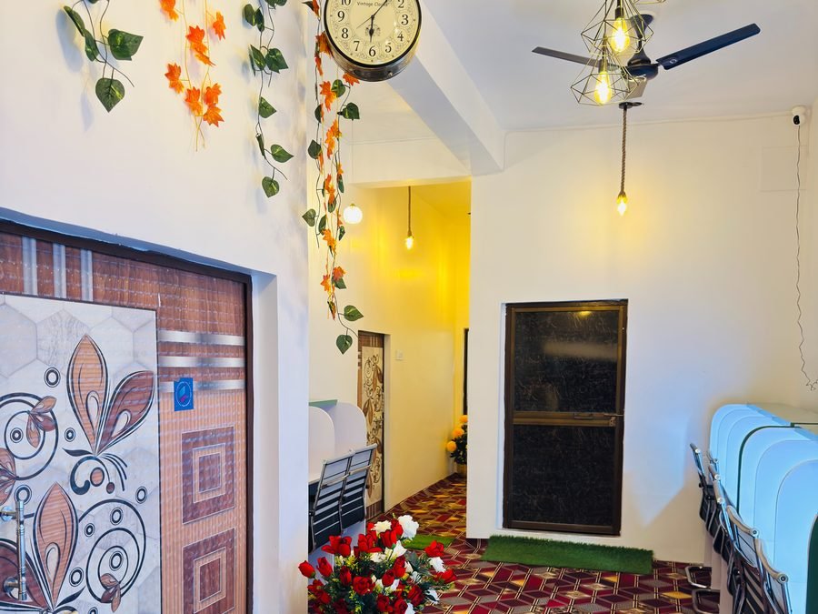 Library entrance with pendant lights at Cyber Gyaan